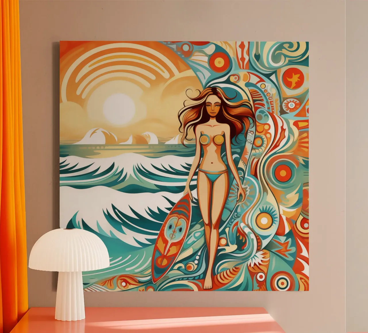 Vintage surf art in retro-psychedelic style canvas with Floater frame by Autofocus