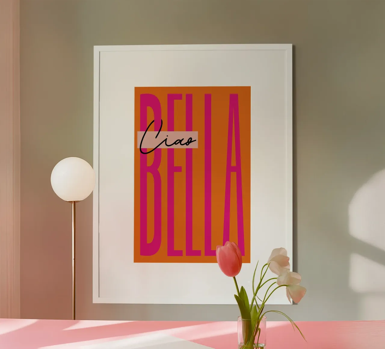 Ciao Bella Orange poster con telaio in legno da Malou-Studio