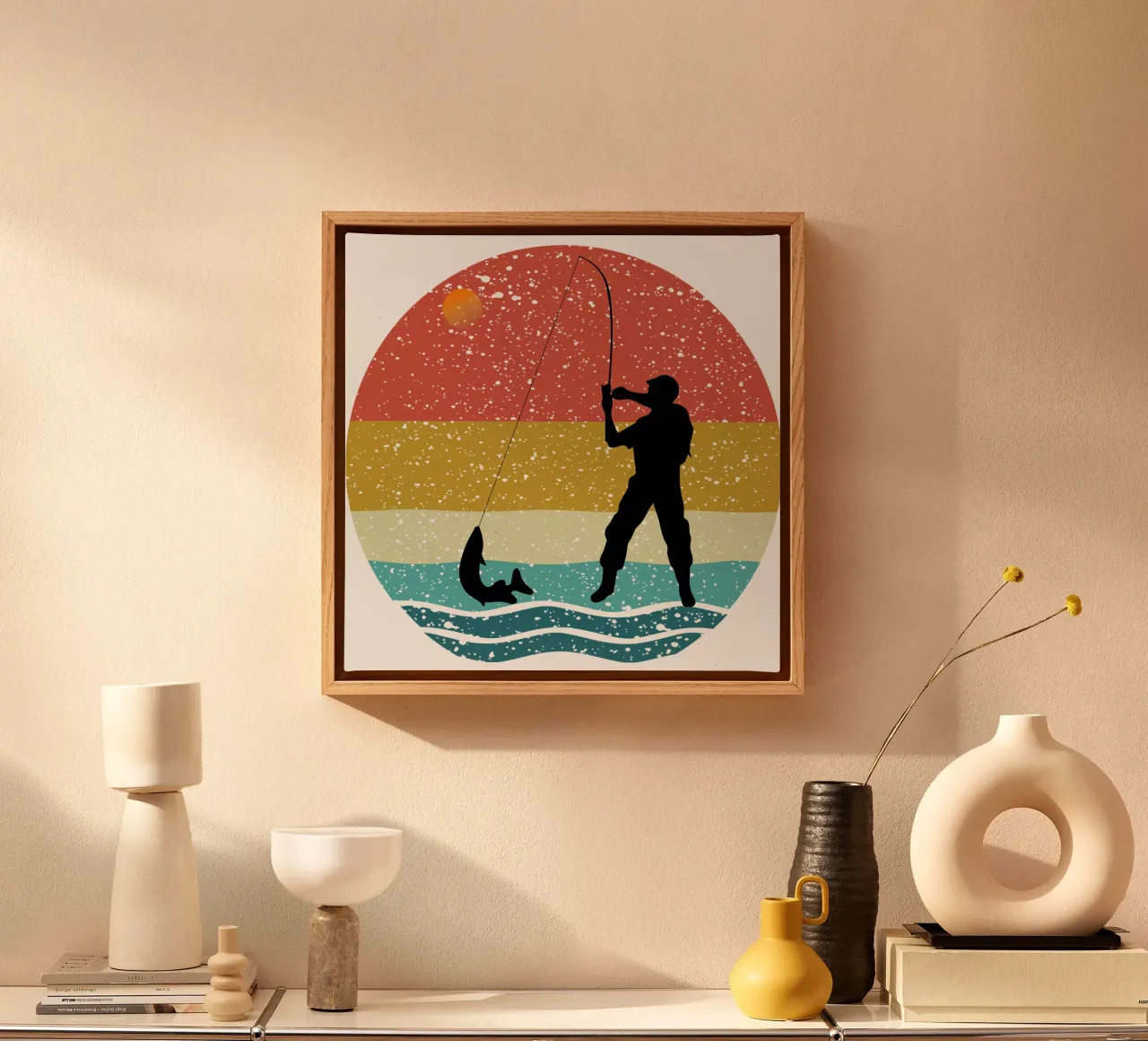 Pesca Shilouette Retro Design tela con Cornice a cassetta da rivariahill