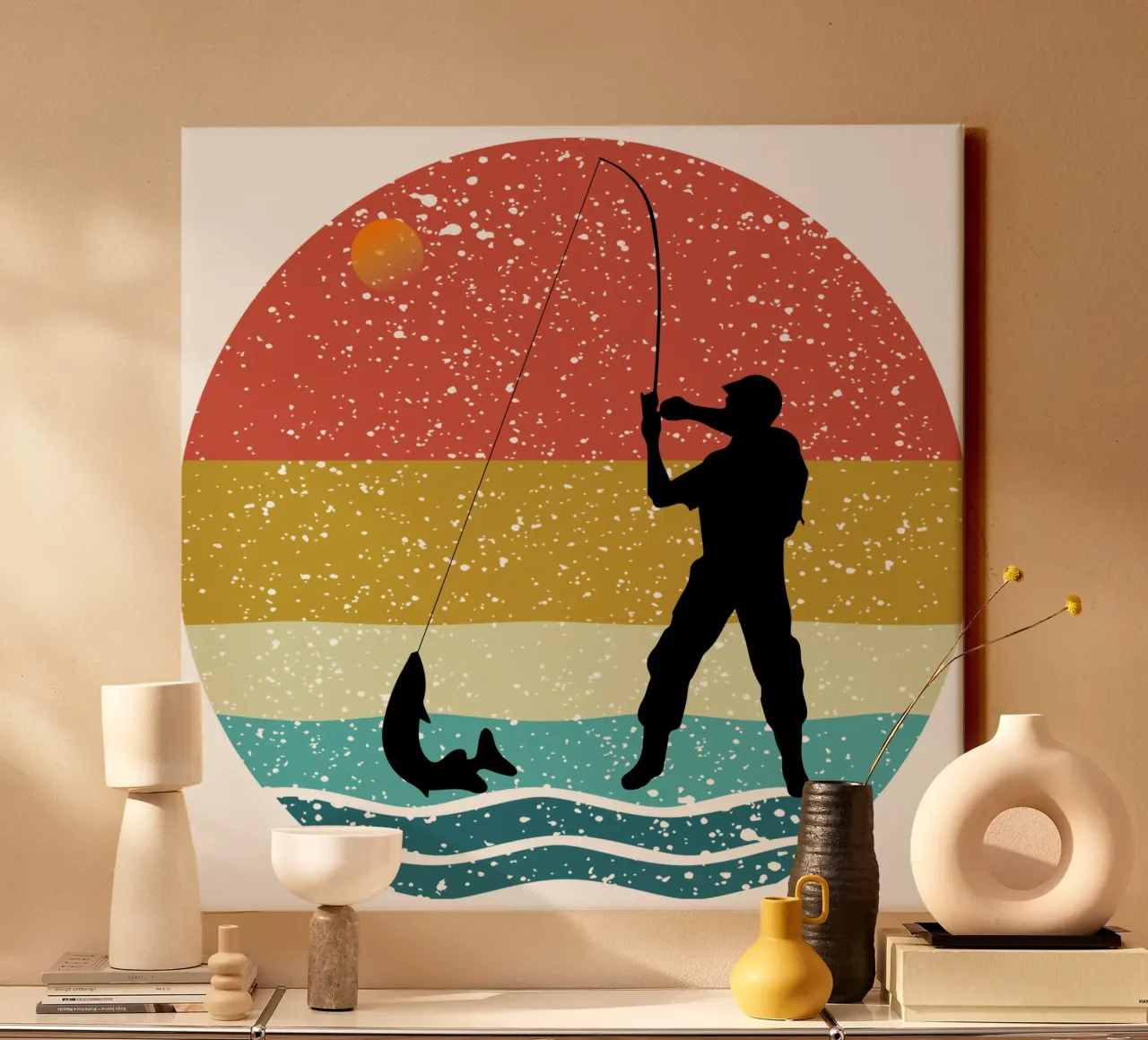 Pesca Shilouette Retro Design tela con Cornice a cassetta da rivariahill