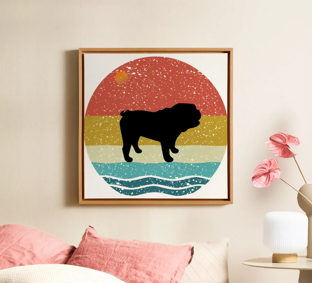 Bulldogge Shilouette Retro Design Leinwand mit Schattenfugenrahmen von rivariahill