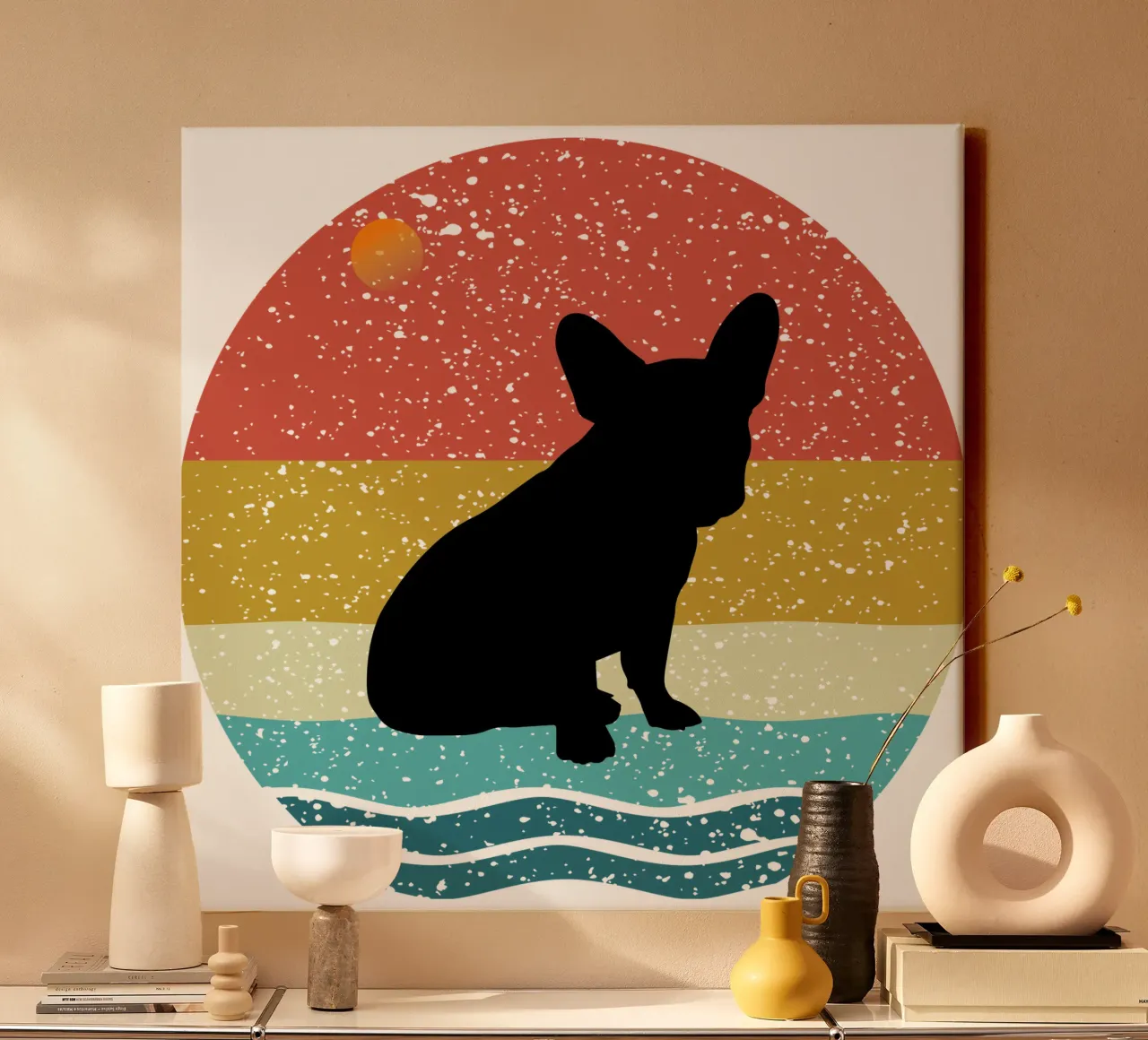 Bulldog francese Shilouette Design retrò tela con Cornice a cassetta da rivariahill