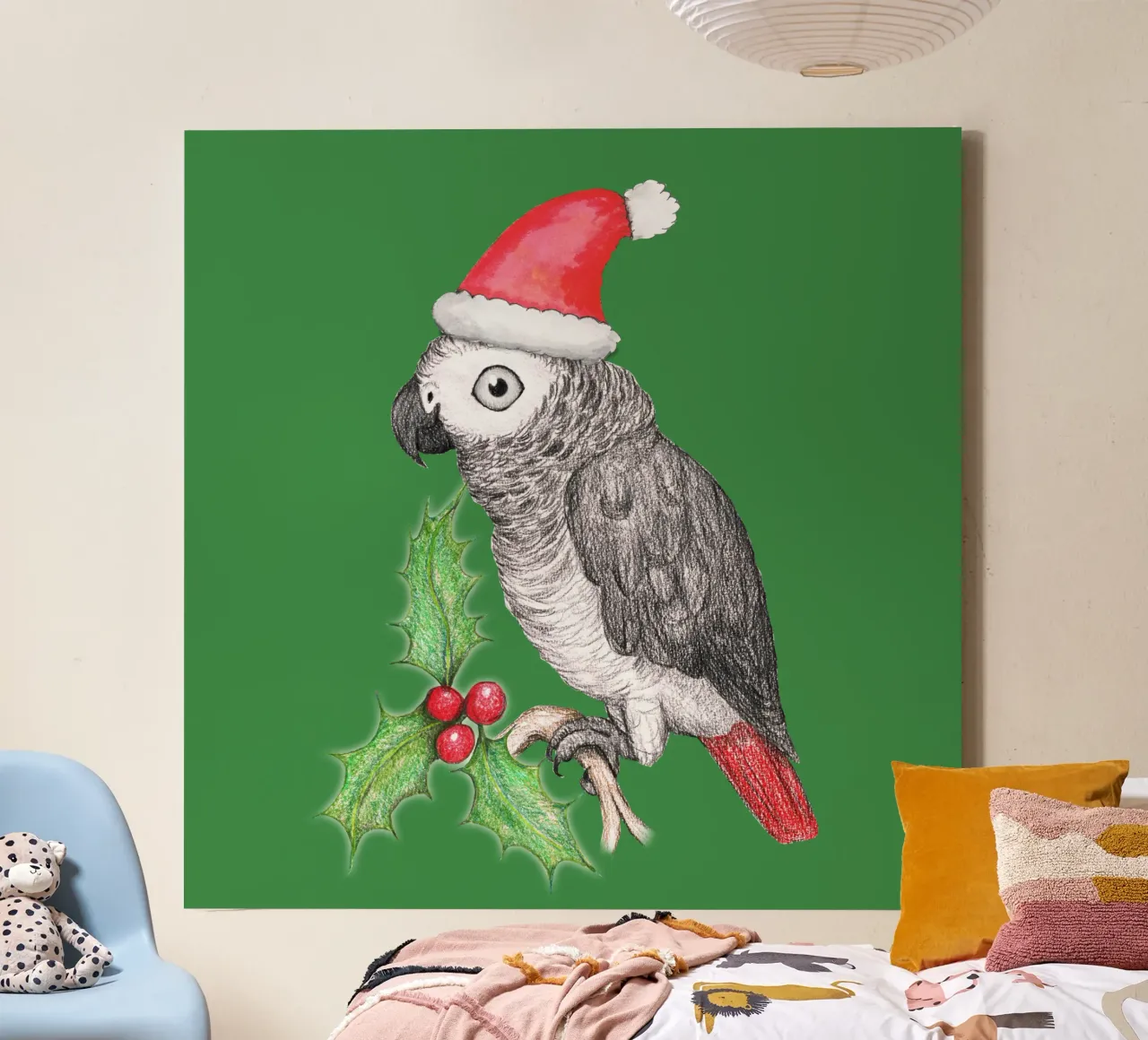 Navidad Loro gris africano lienzo con Marco flotante de BwiseLizzy