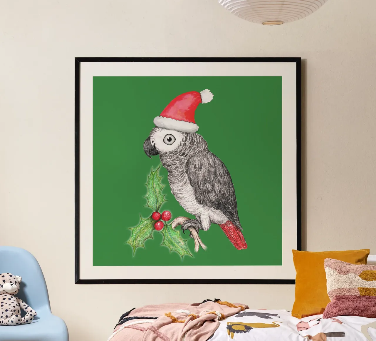 Pappagallo grigio africano di Natale poster con telaio in alluminio da BwiseLizzy