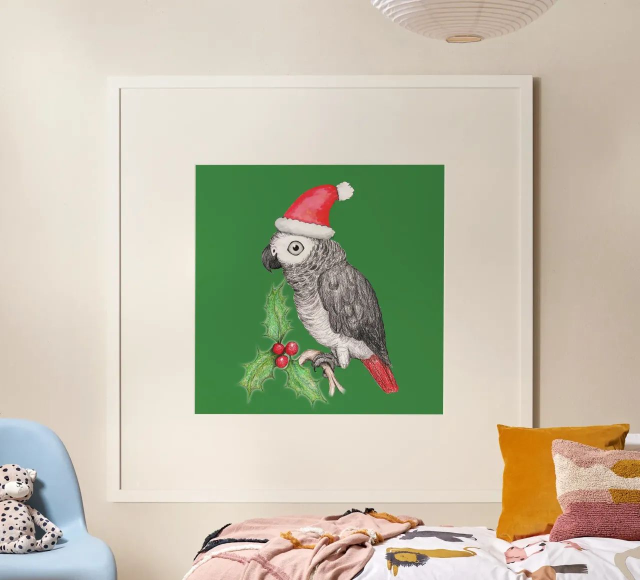 Pappagallo grigio africano di Natale poster con telaio in alluminio da BwiseLizzy
