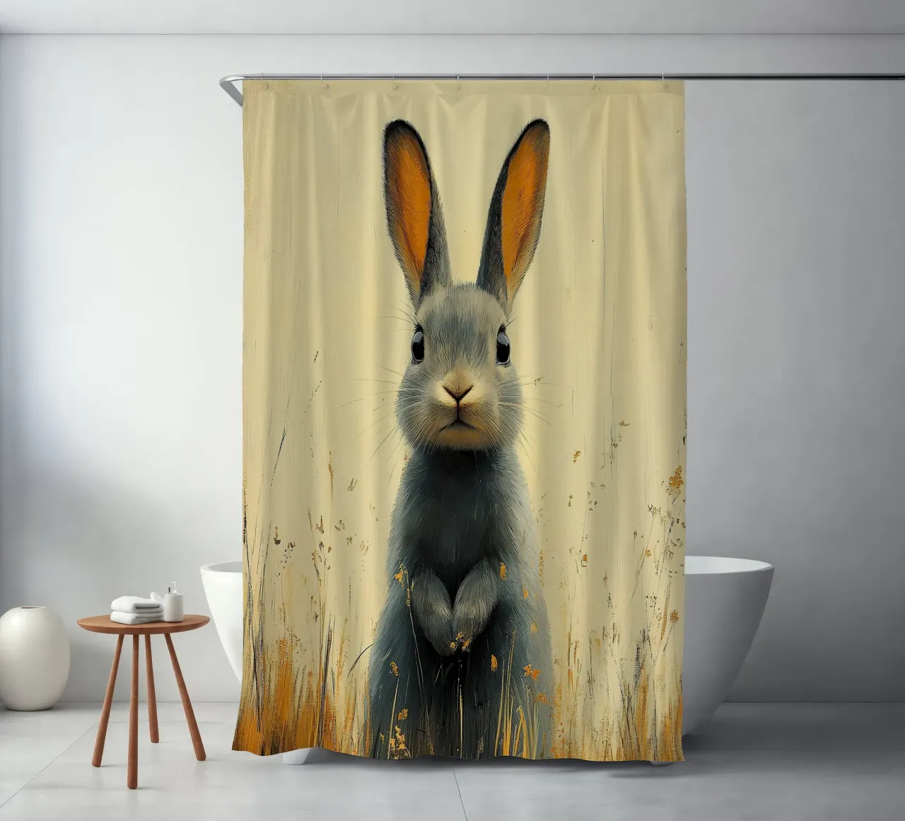 A rabbit enjoying the moment shower curtain by Nikis Art Studio