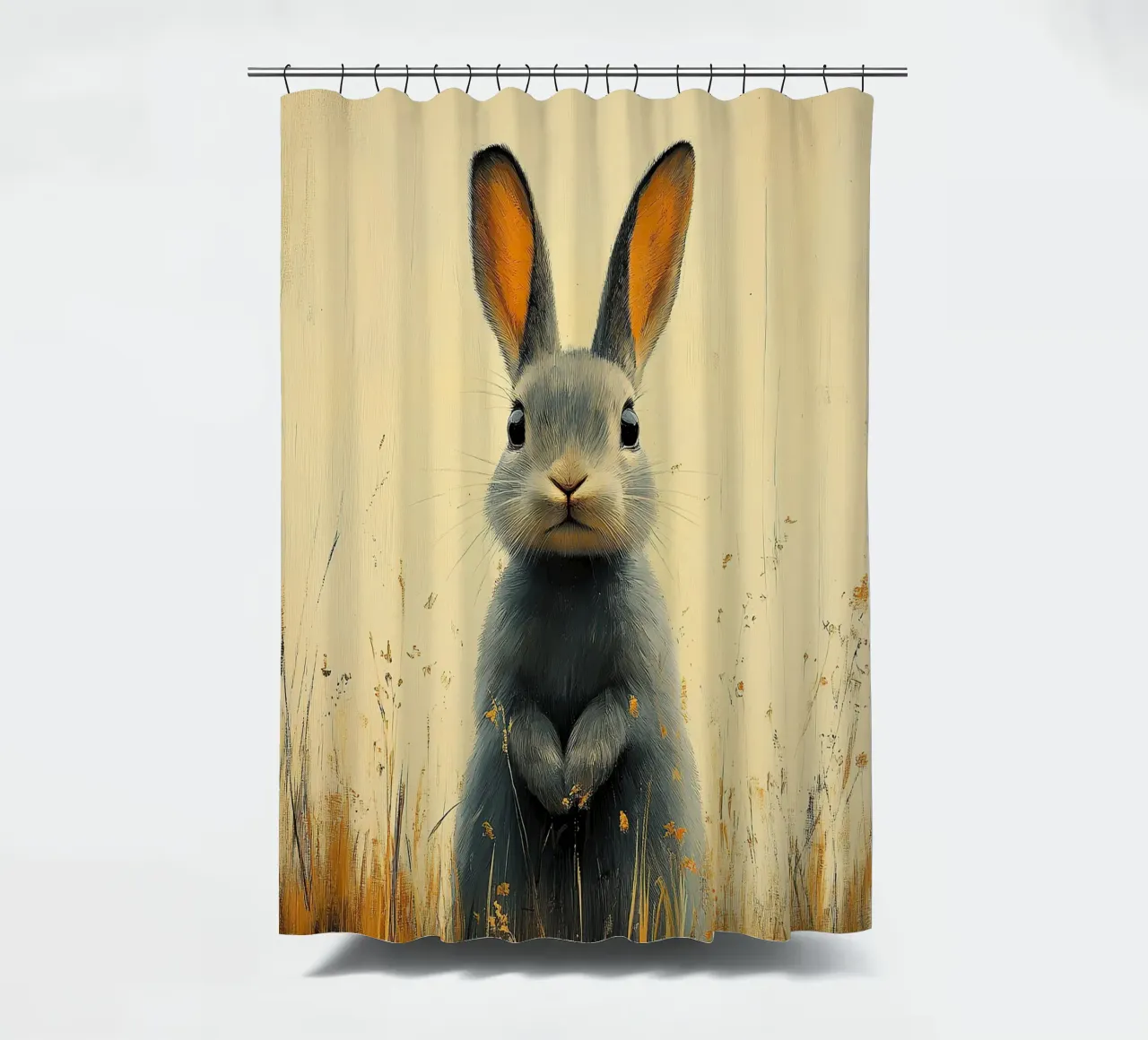 A rabbit enjoying the moment shower curtain by Nikis Art Studio