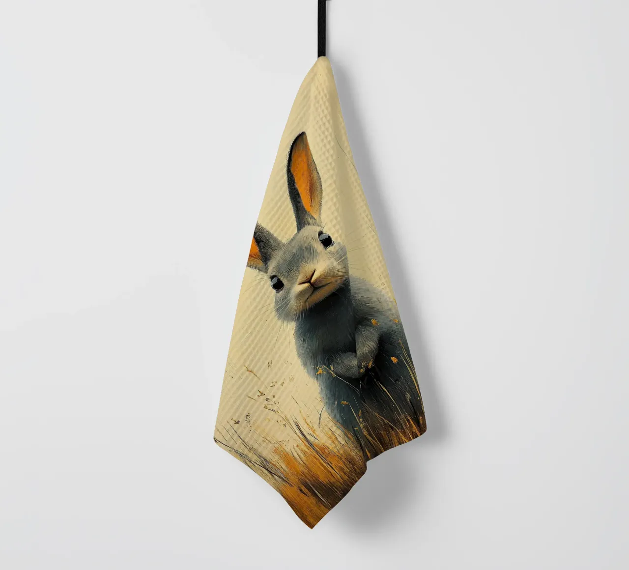 A rabbit enjoying the moment tea towel by Nikis Art Studio