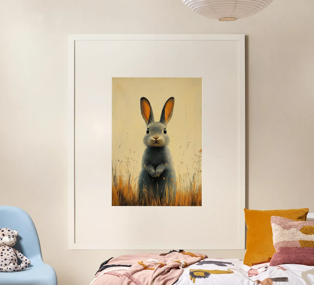 Un coniglio che si gode il momento poster con telaio in legno da Nikis Art Studio