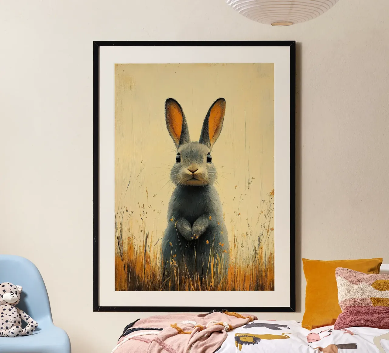 Un coniglio che si gode il momento poster con telaio in legno da Nikis Art Studio