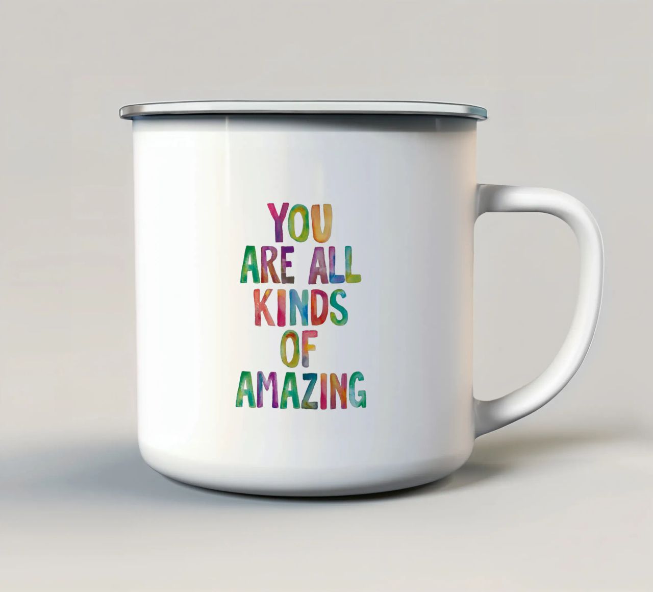 Sei tutti i tipi di incredibile design tipografico arcobaleno tazza in smalto da THE MOTIVATED TYPE