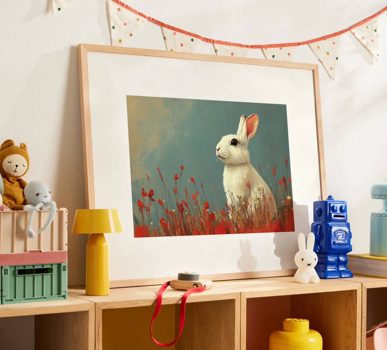 Un coniglio nel suo paradiso poster con telaio in legno da Nikis Art Studio