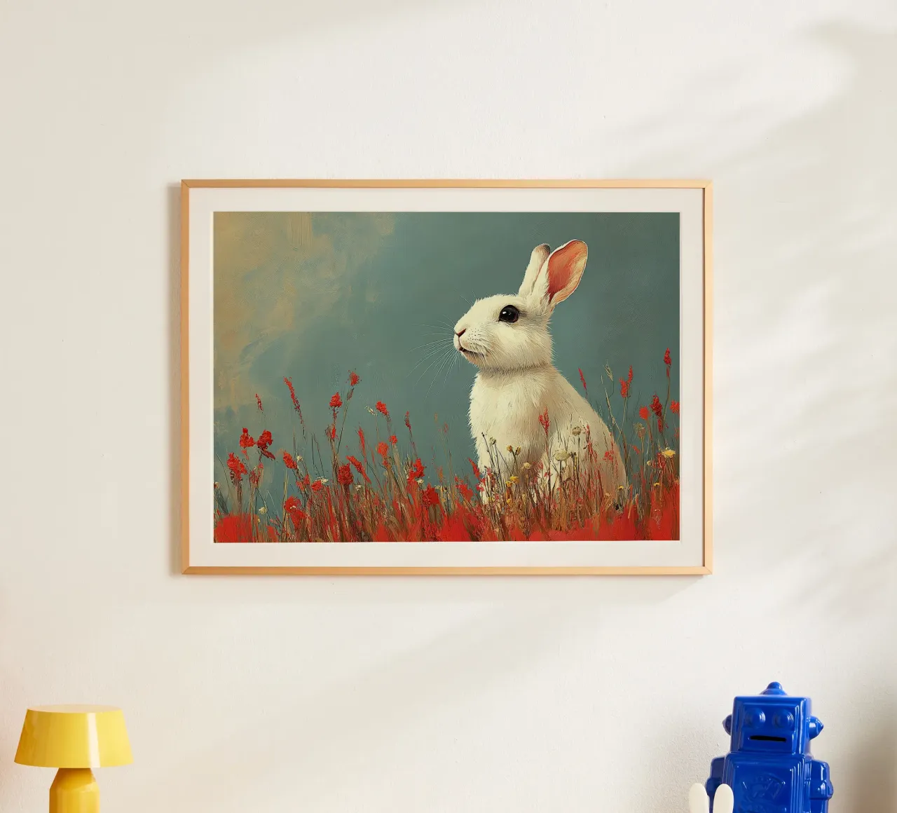 Un coniglio nel suo paradiso poster con telaio in legno da Nikis Art Studio