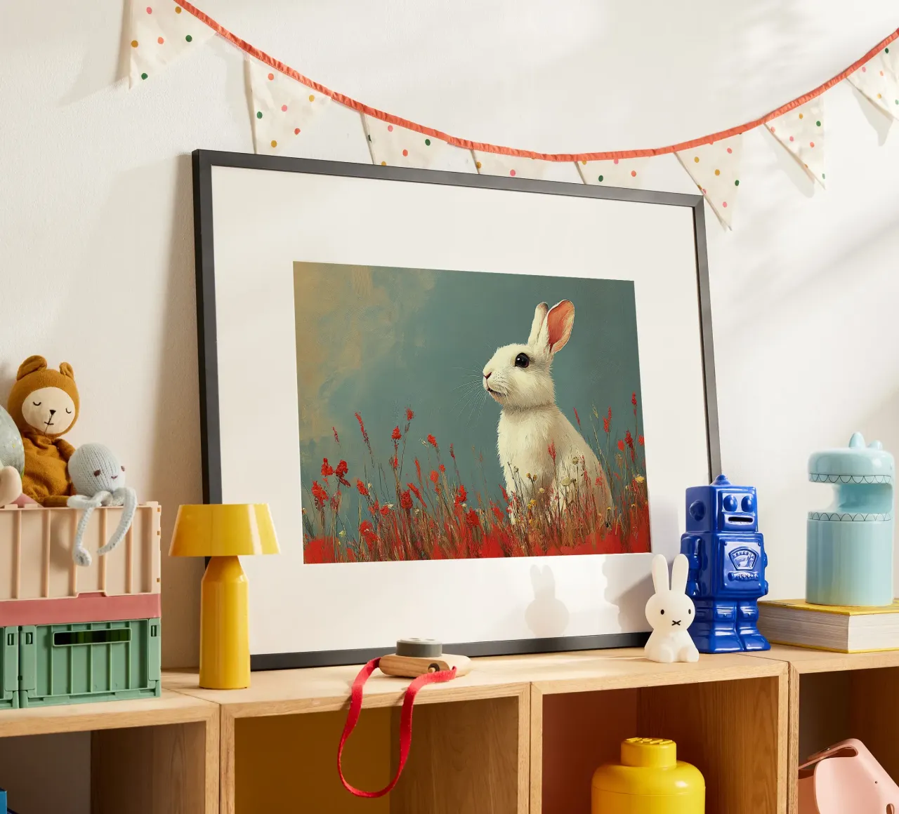 Un coniglio nel suo paradiso poster con telaio in legno da Nikis Art Studio