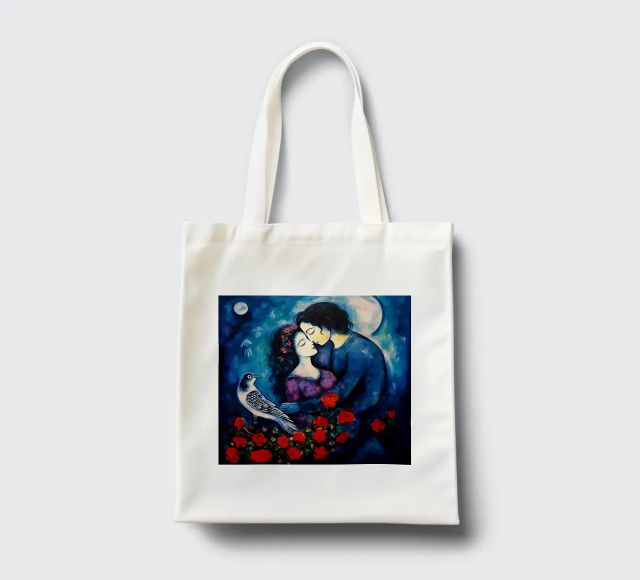 Amanti ispirati a Chagall con rose e colombe borsa in juta da Autofocus