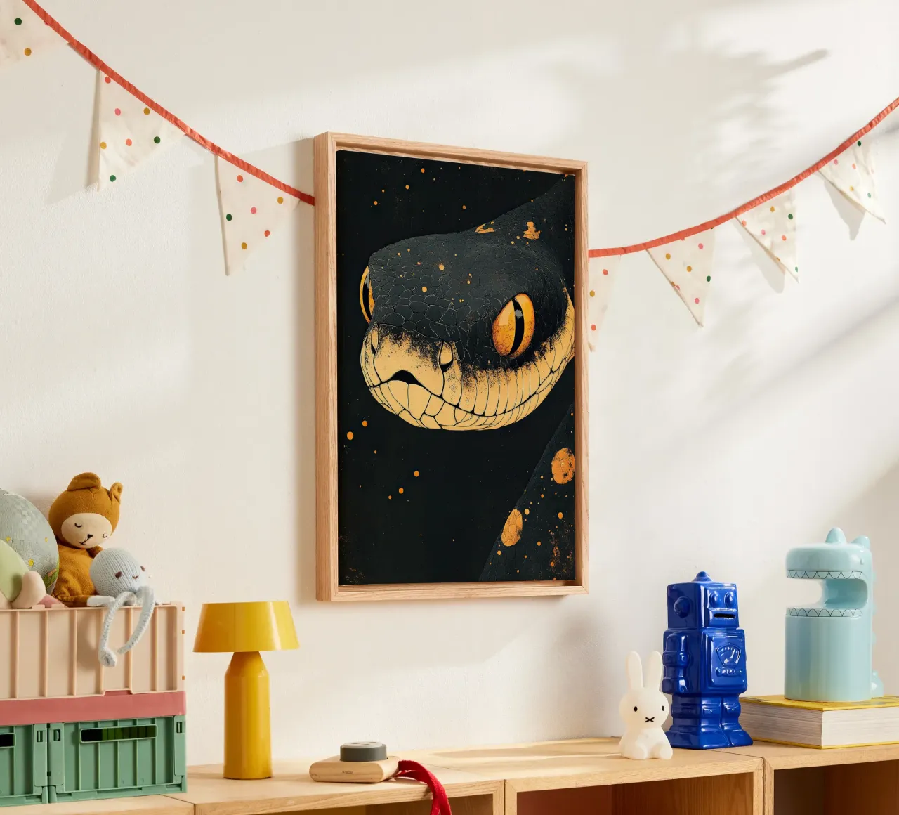 In the shadow of the snake: The silent danger canvas with Floater frame by Nikis Art Studio