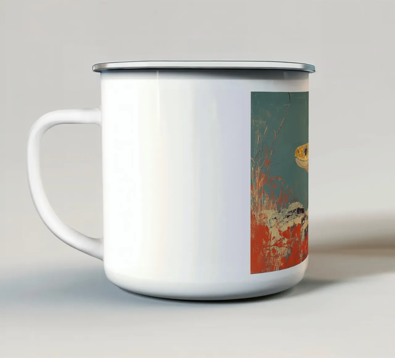 In de schaduw van de slang: het stille gevaar emaille mok van Nikis Art Studio