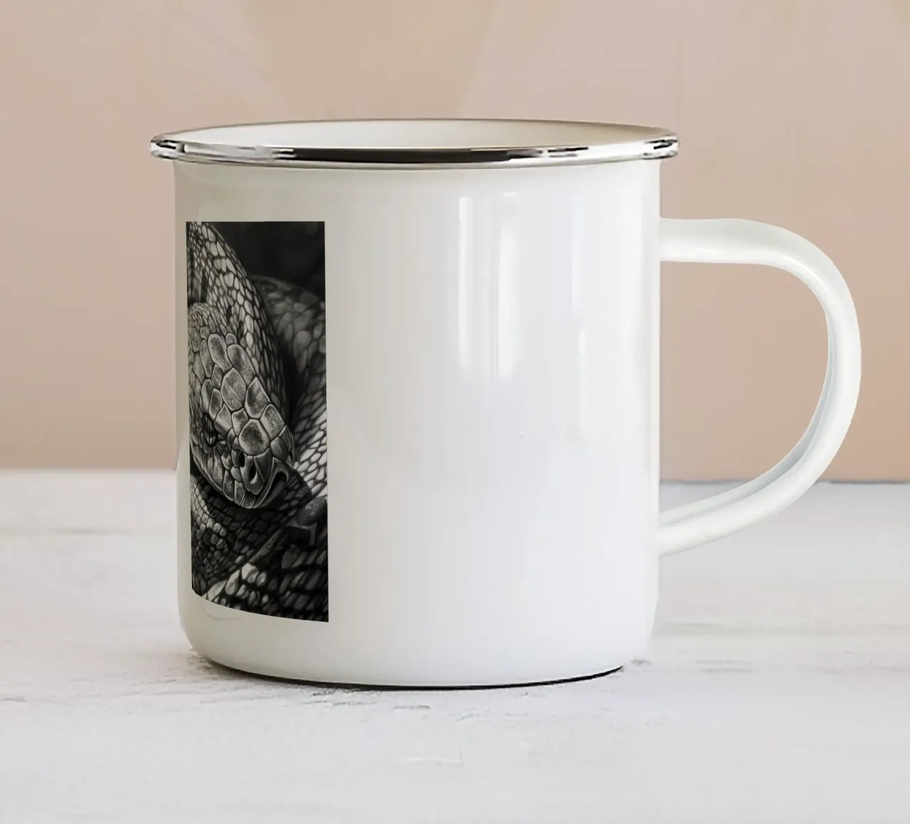 In the shadow of the snake: The silent danger enamel mug by Nikis Art Studio
