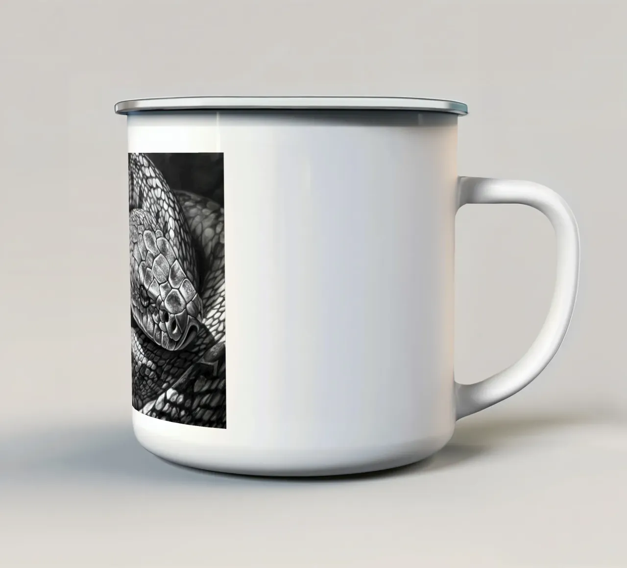 In the shadow of the snake: The silent danger enamel mug by Nikis Art Studio