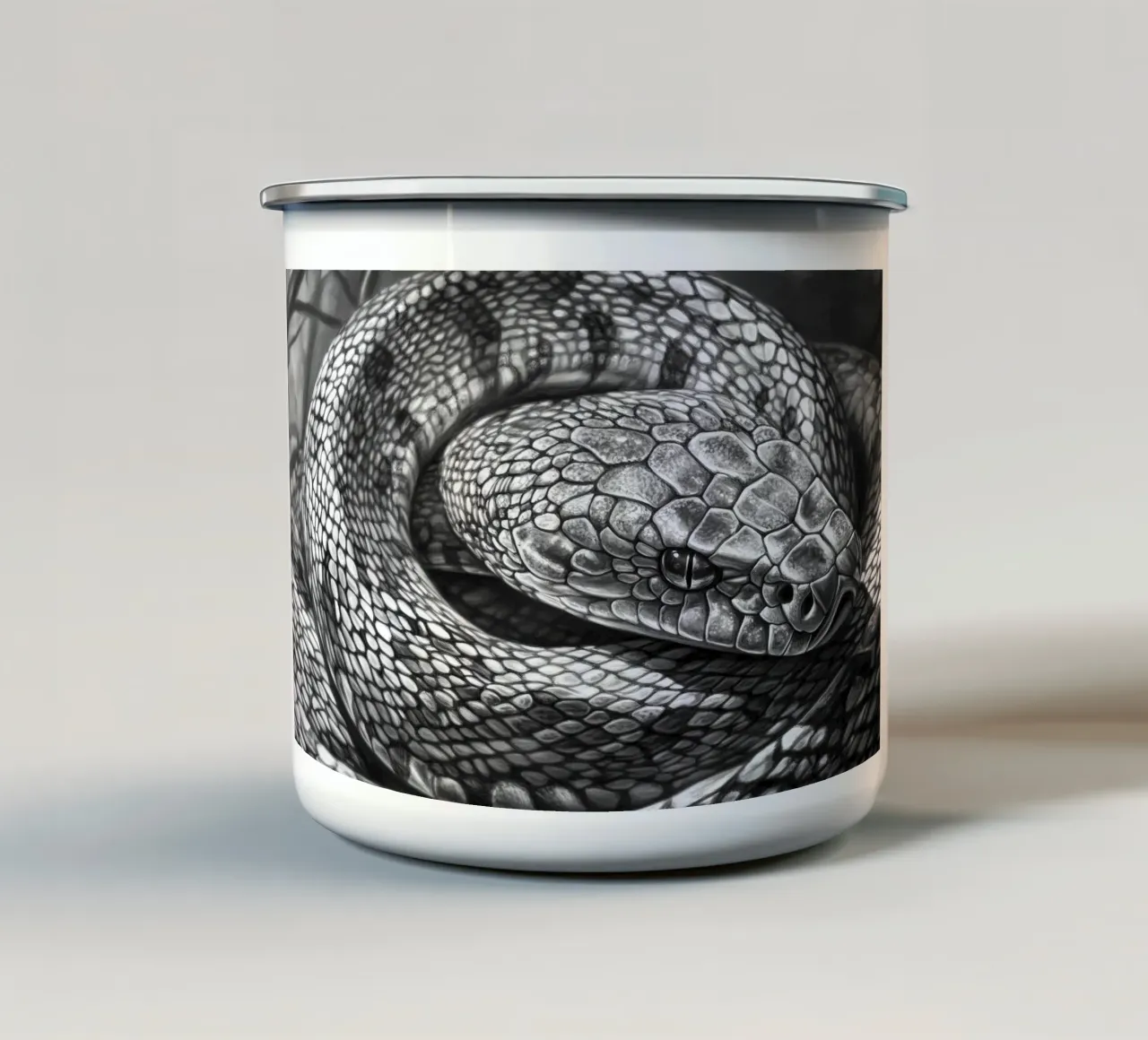 In the shadow of the snake: The silent danger enamel mug by Nikis Art Studio
