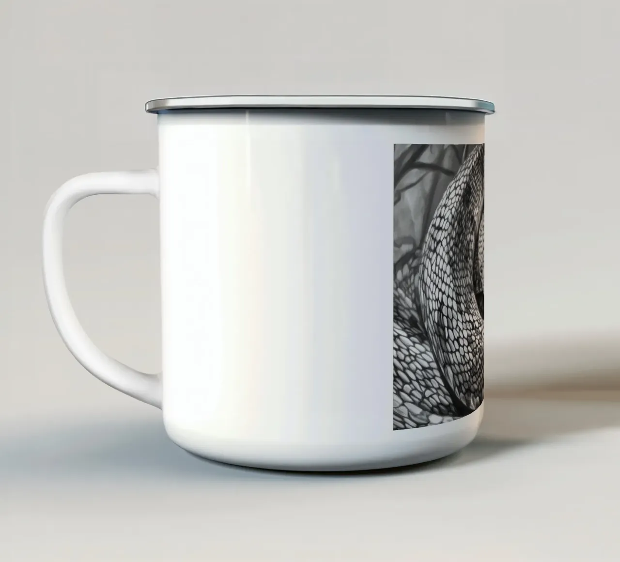 In the shadow of the snake: The silent danger enamel mug by Nikis Art Studio