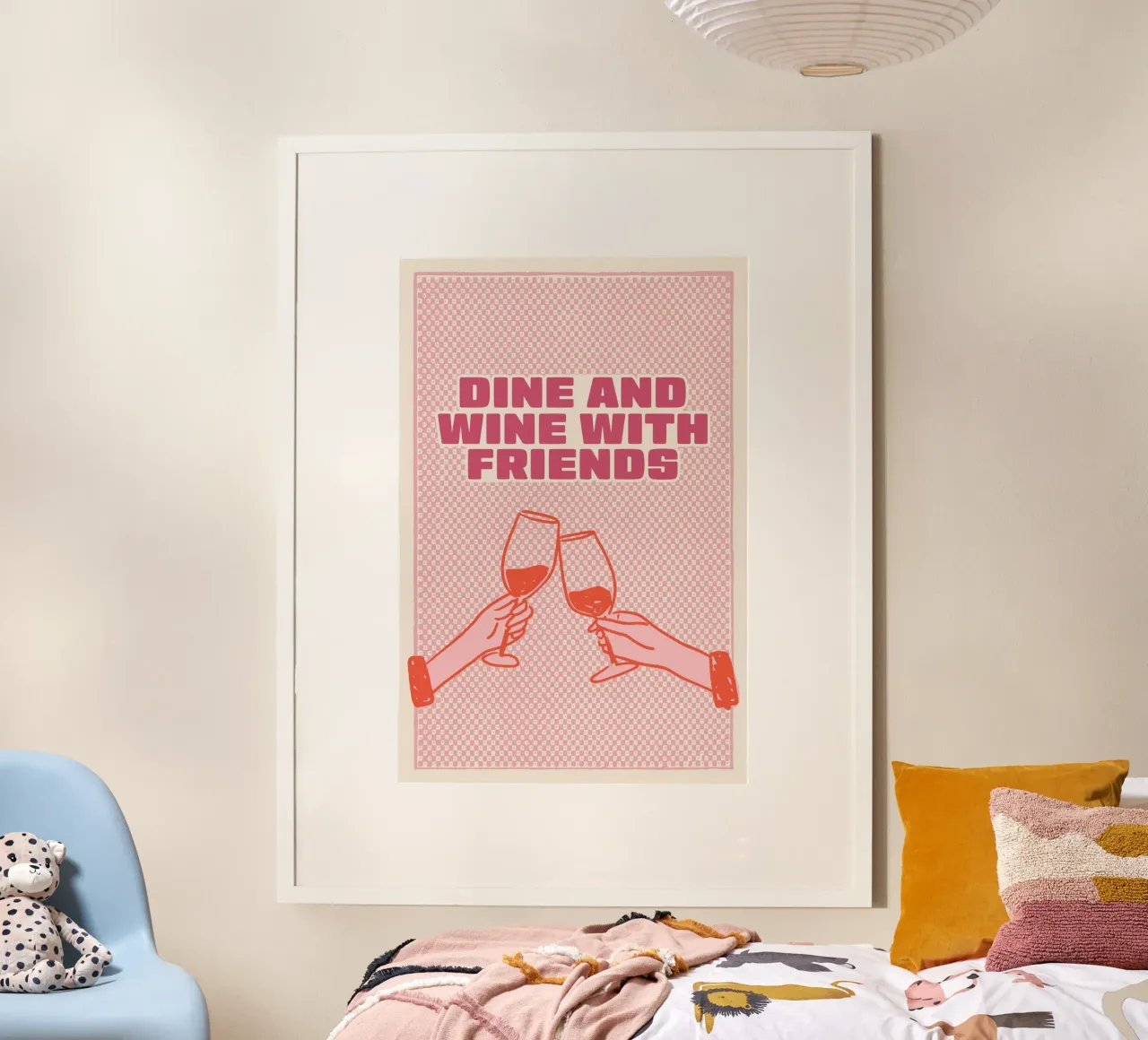 Dine and Wine with Friends Poster mit Holzrahmen von Malou-Studio