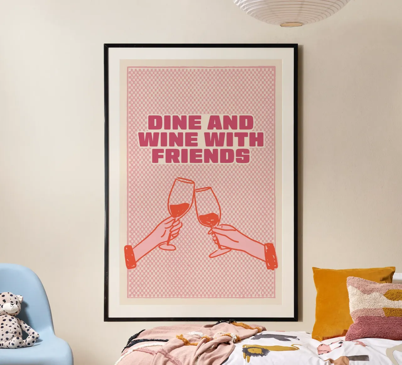 Dine and Wine with Friends Poster mit Holzrahmen von Malou-Studio