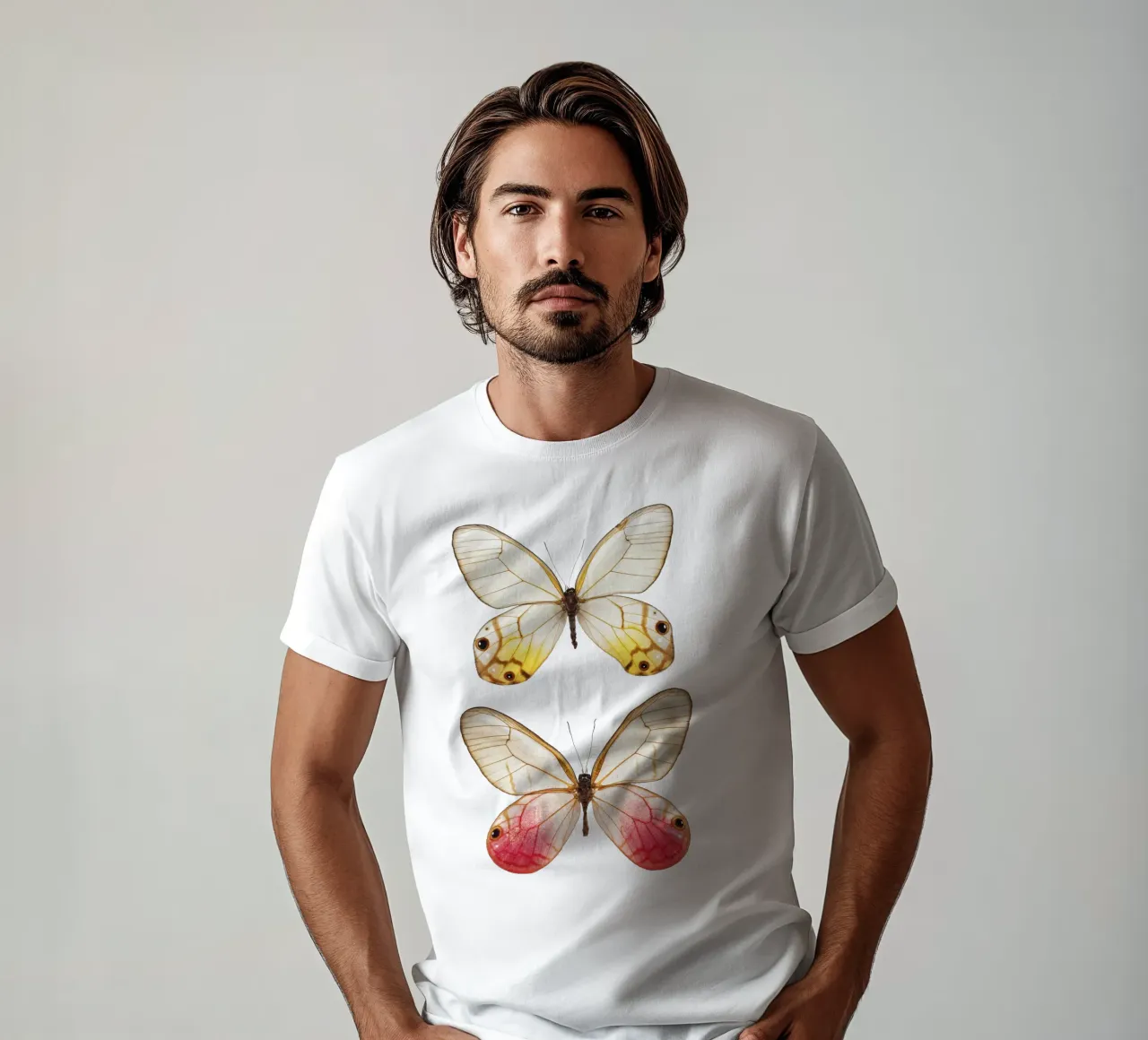 Élégance douce : Papillon jaune et rose t-shirt de Curious Collections by Marielle Leenders