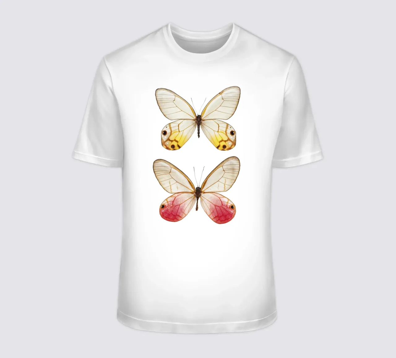 Élégance douce : Papillon jaune et rose t-shirt de Curious Collections by Marielle Leenders
