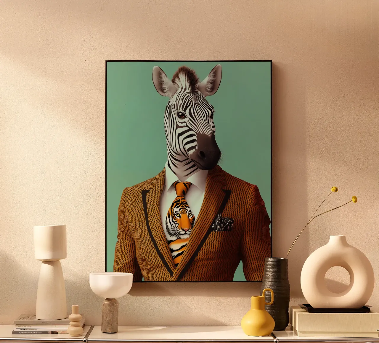 La zebra della moda indossa una cravatta tigrata alluminio dibond da Autofocus