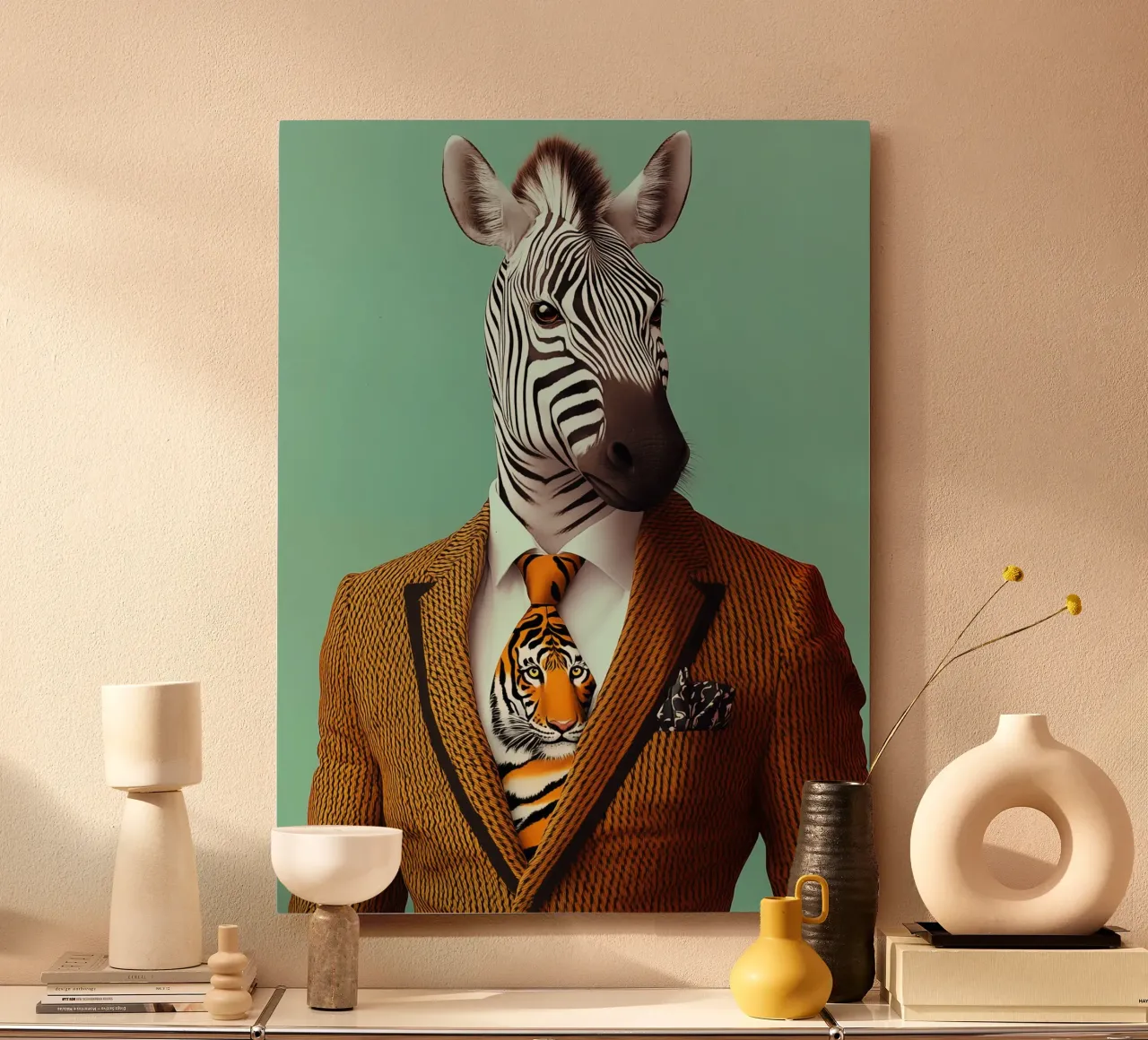 La zebra della moda indossa una cravatta tigrata alluminio dibond da Autofocus