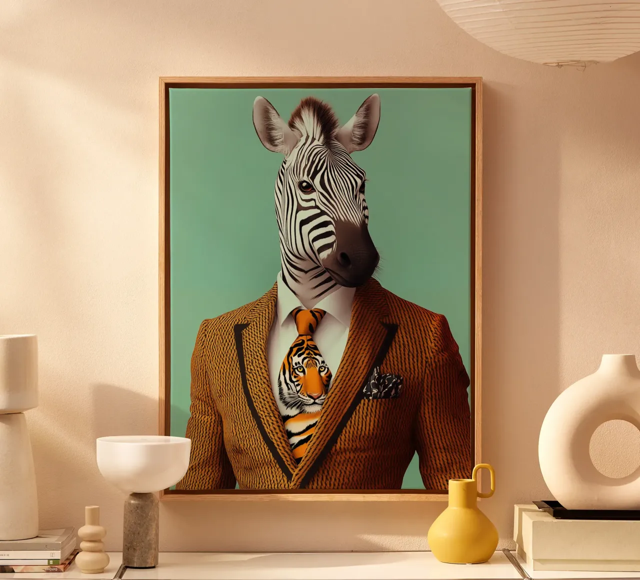 La zebra della moda indossa una cravatta tigrata tela con Cornice a cassetta da Autofocus