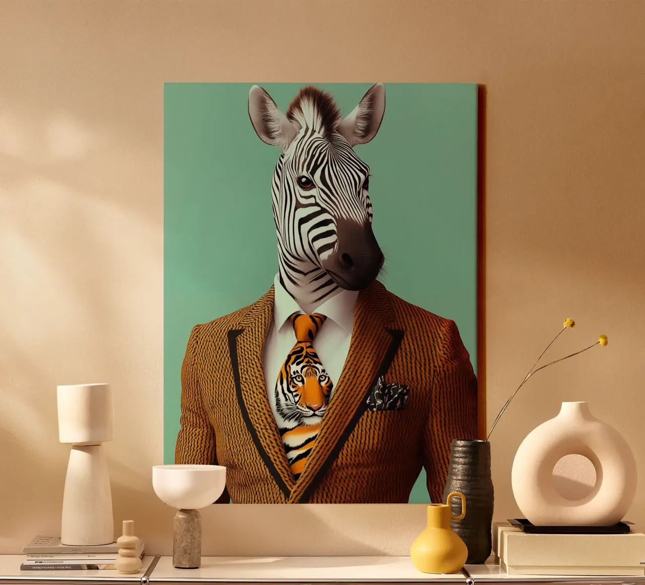 La zebra della moda indossa una cravatta tigrata tela con Cornice a cassetta da Autofocus