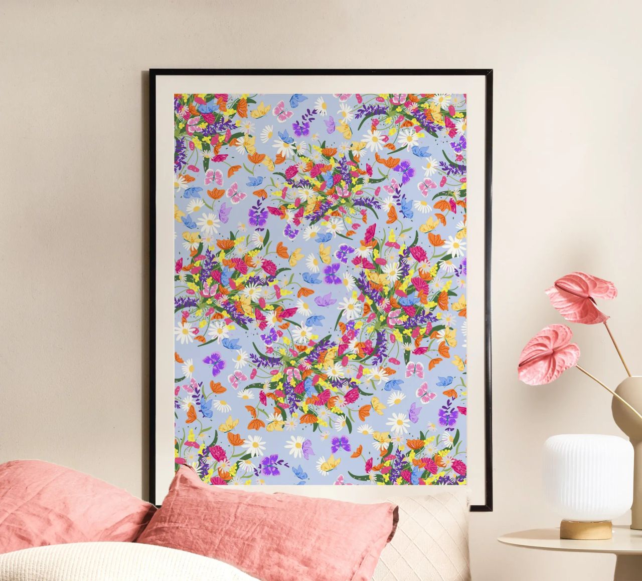 Muster Blumen und Schmetterlinge Poster von Illustration Raissa Oltmanns