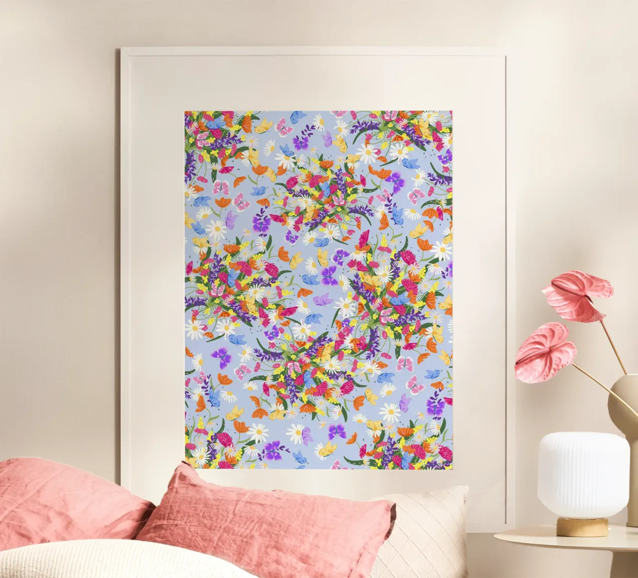 Motivo Fiori e Farfalle poster con telaio in legno da Illustration Raissa Oltmanns