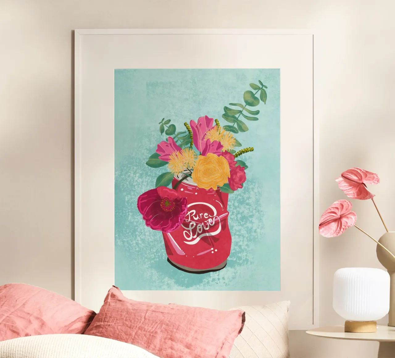 Fiori in barattolo poster con telaio in legno da Illustration Raissa Oltmanns