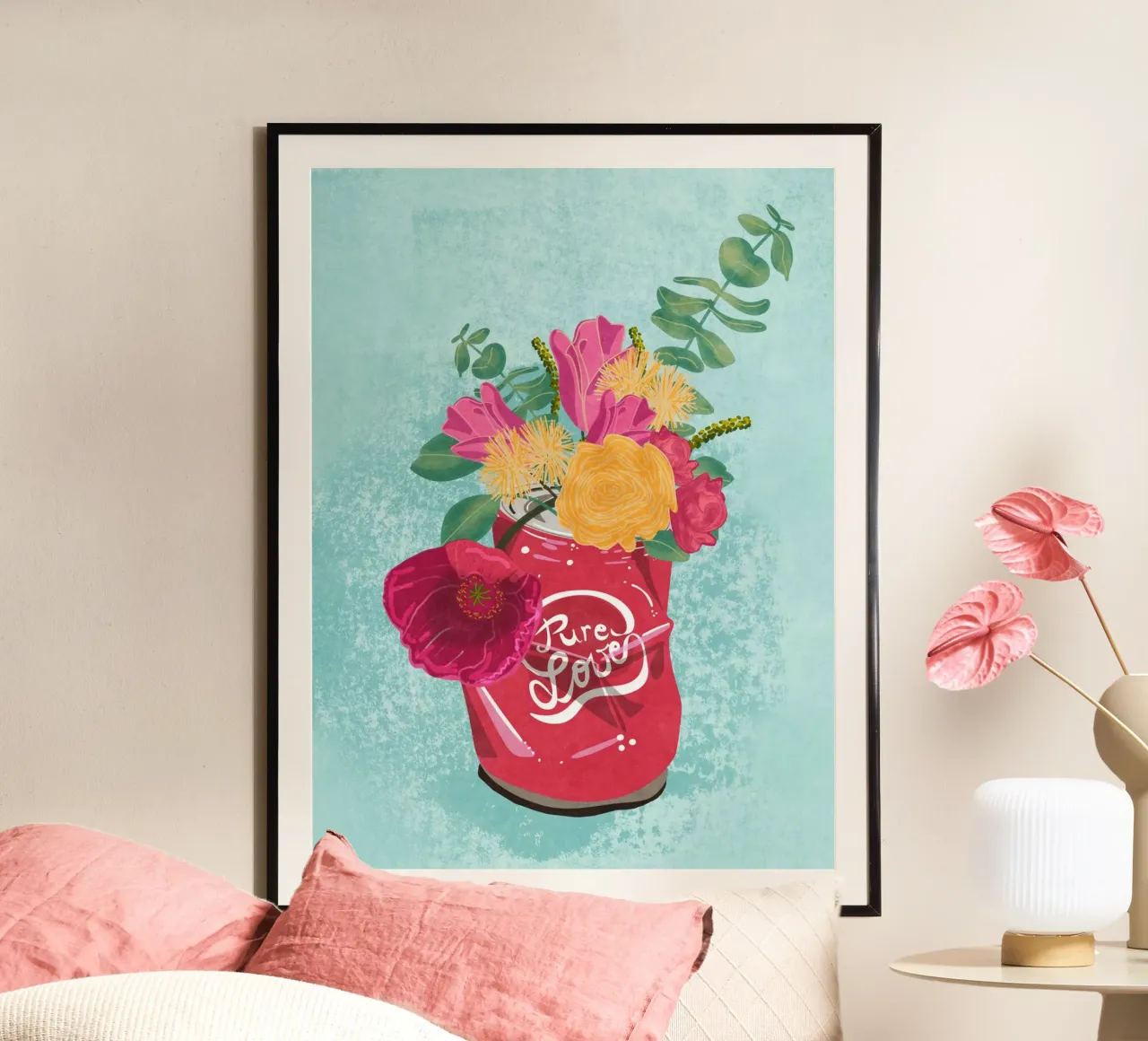 Fiori in barattolo poster con telaio in legno da Illustration Raissa Oltmanns