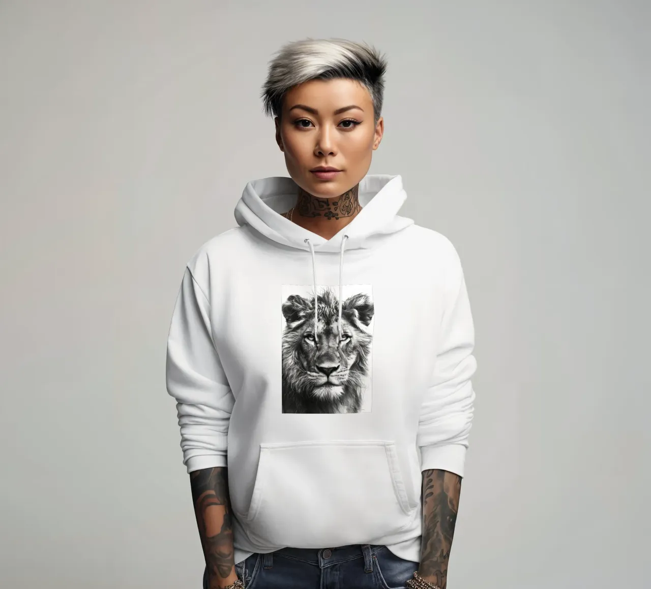 Leone in bianco e nero felpa con cappuccio da Justyna Jaszke JBJart