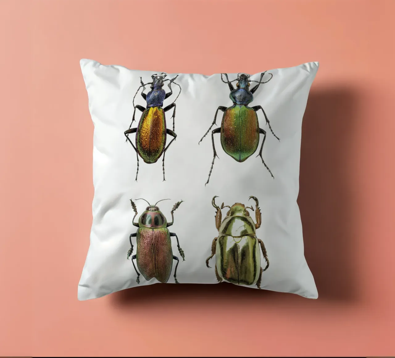 Glimmering Jewels: Four Shimmering Beetles decorative cushion by Curious Collections by Marielle Leenders