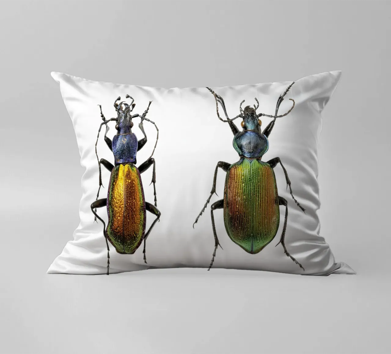 Glimmering Jewels: Four Shimmering Beetles decorative cushion by Curious Collections by Marielle Leenders