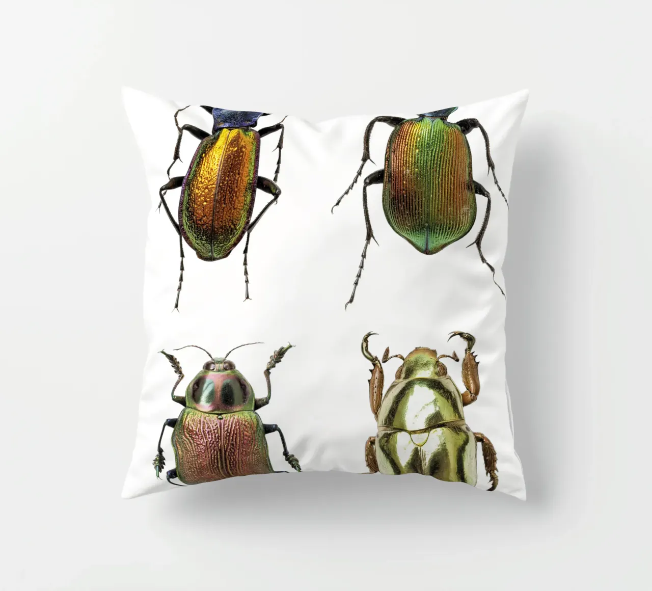 Glimmering Jewels: Four Shimmering Beetles decorative cushion by Curious Collections by Marielle Leenders