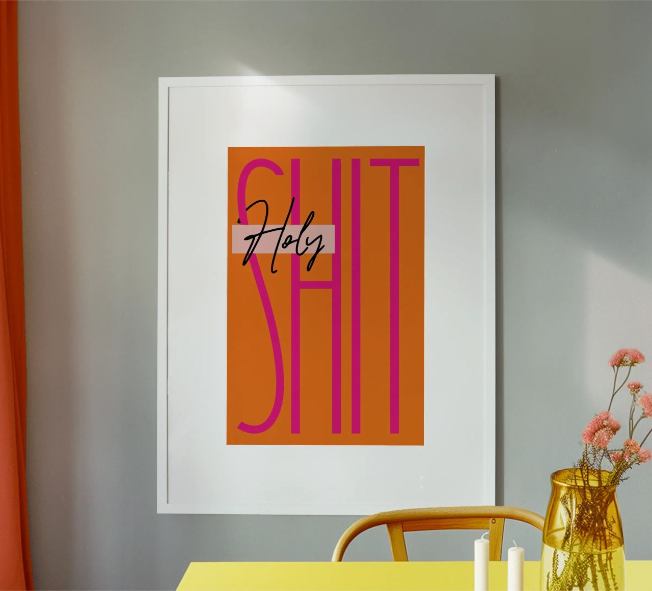 Holy Shit - Naranja Rosa poster con marco de madera de Malou-Studio