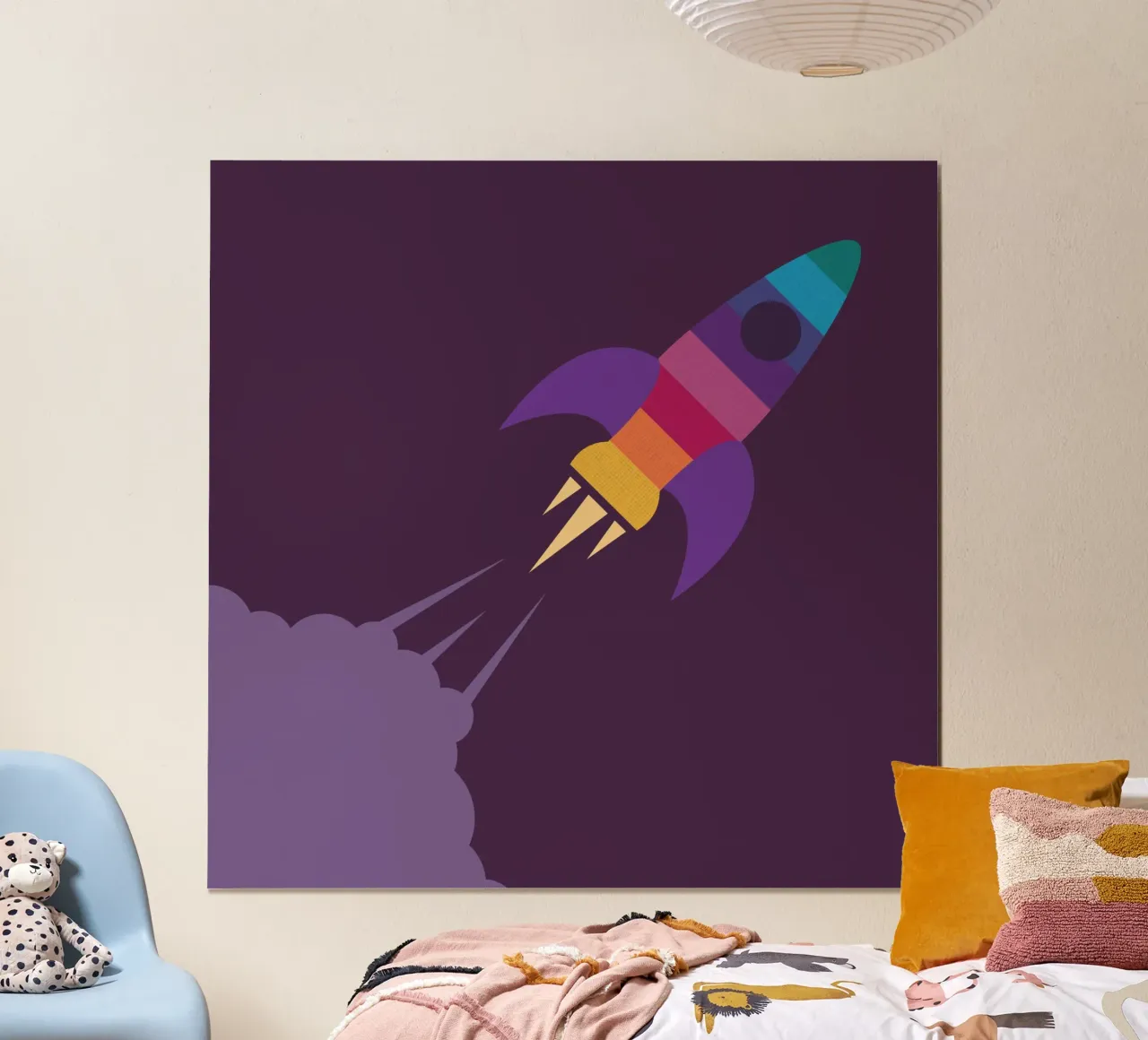 Arte della cameretta con razzi spaziali arcobaleno poster con telaio in alluminio da Kim Hubball Studio