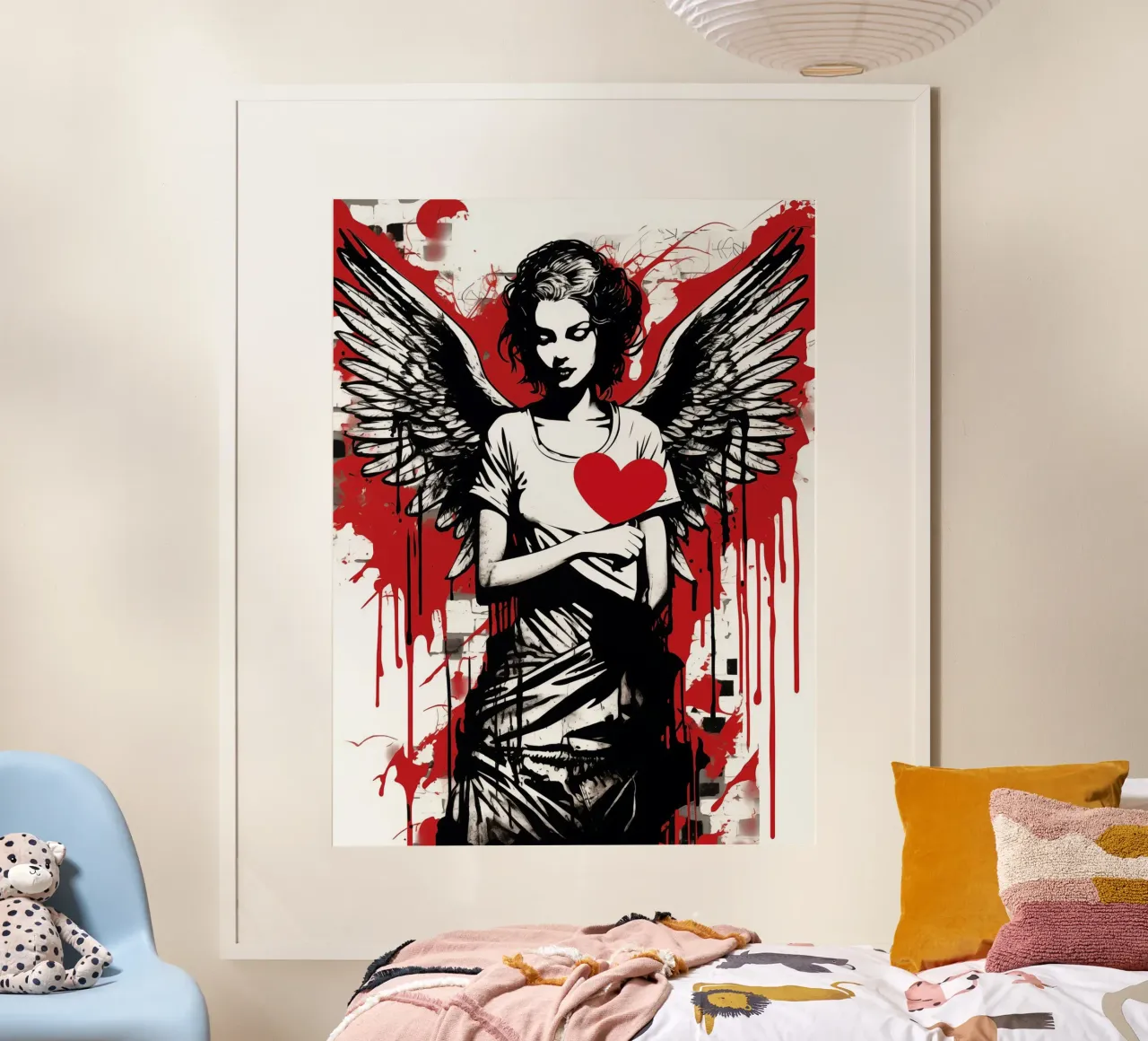 Il tuo angelo amorevole con un cuore rosso | Street Art poster con telaio in plastica da Autofocus