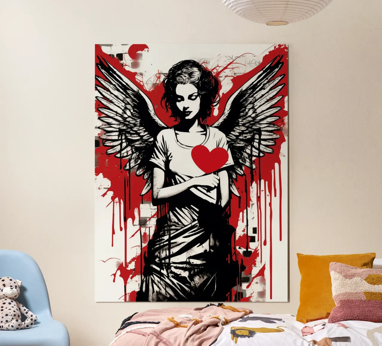 Il tuo angelo amorevole con un cuore rosso | Street Art poster con telaio in plastica da Autofocus