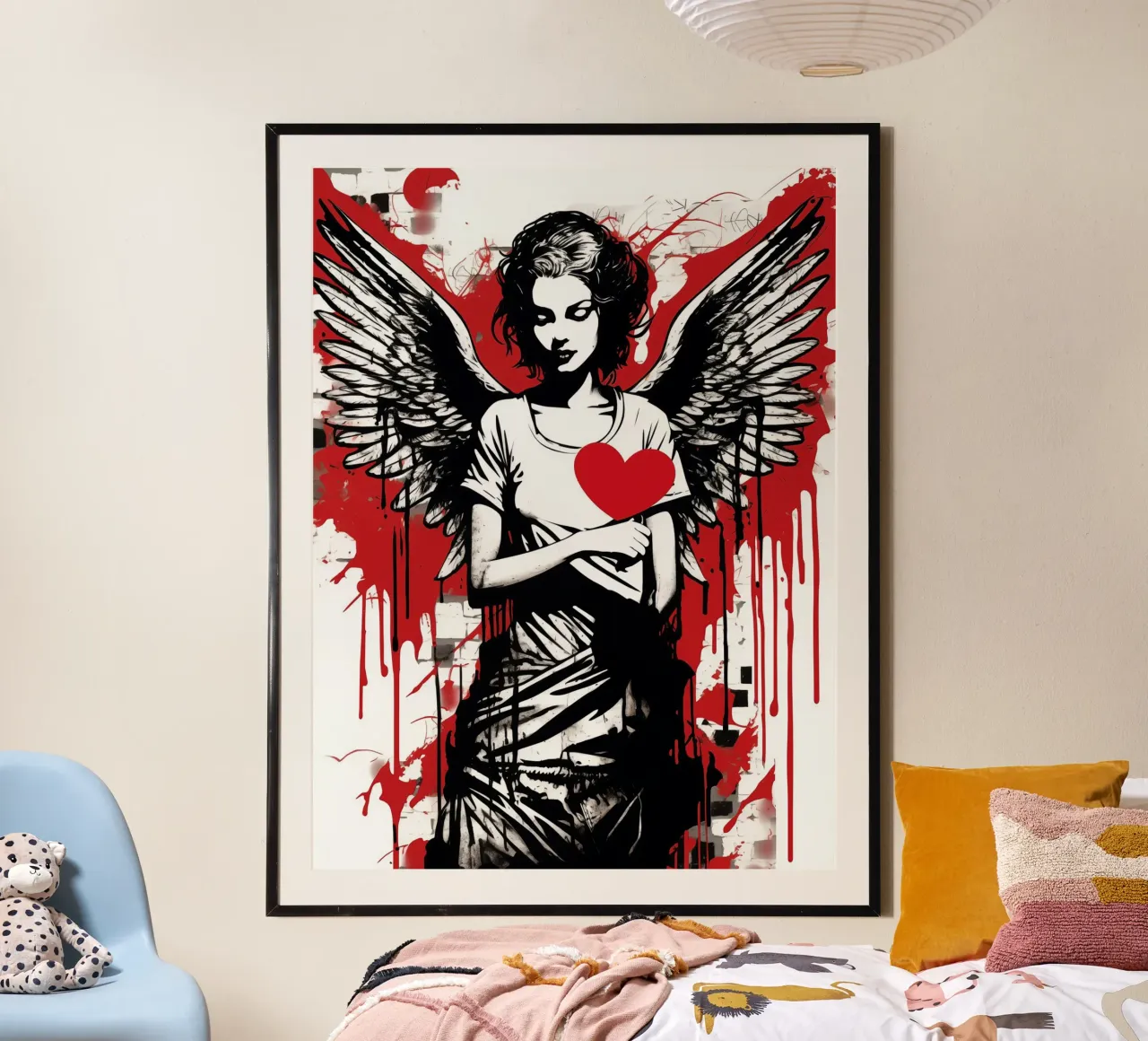 Il tuo angelo amorevole con un cuore rosso | Street Art poster con telaio in plastica da Autofocus