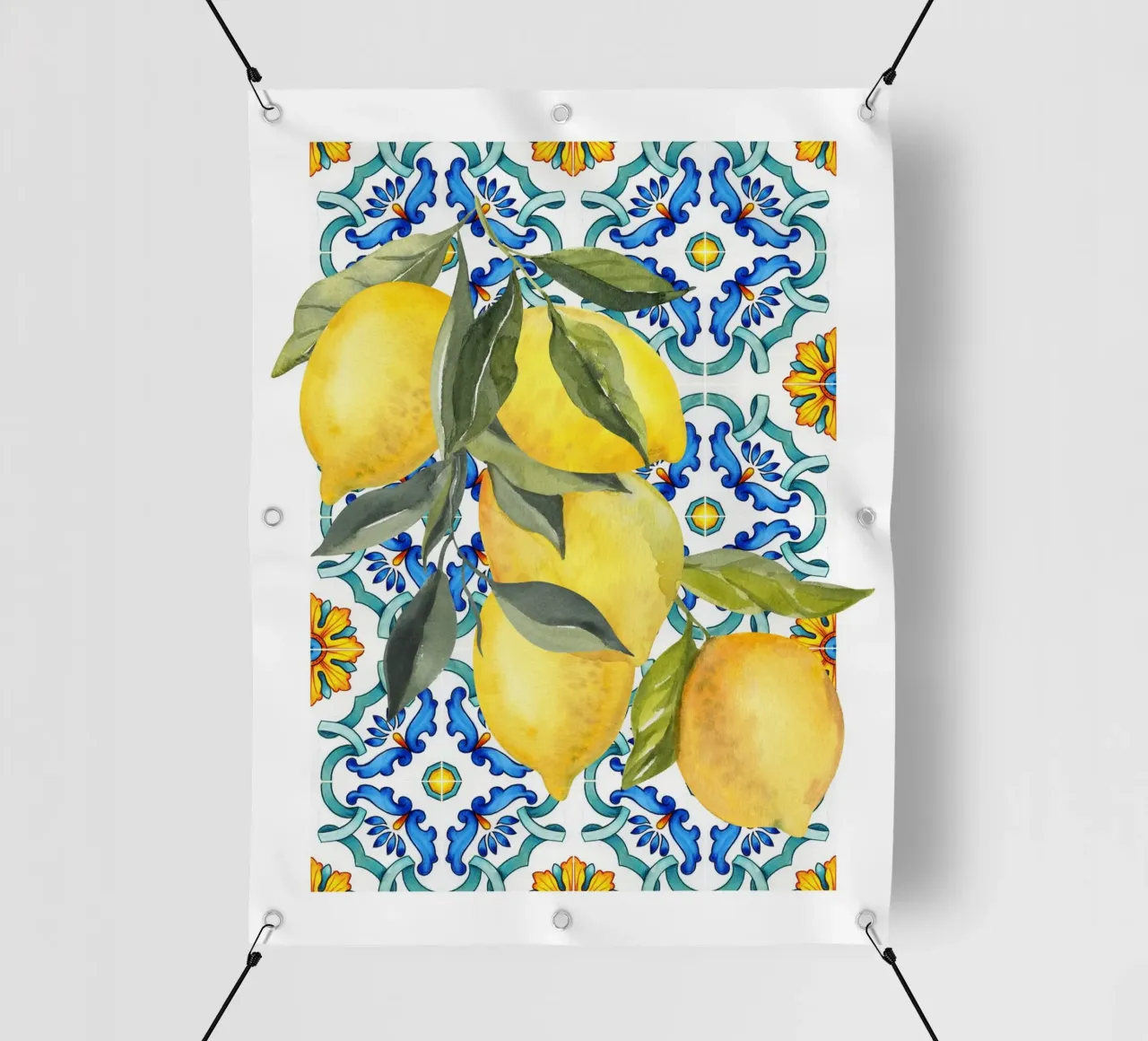 Stampa piastrelle blu limone telo in pvc da Bella Studio