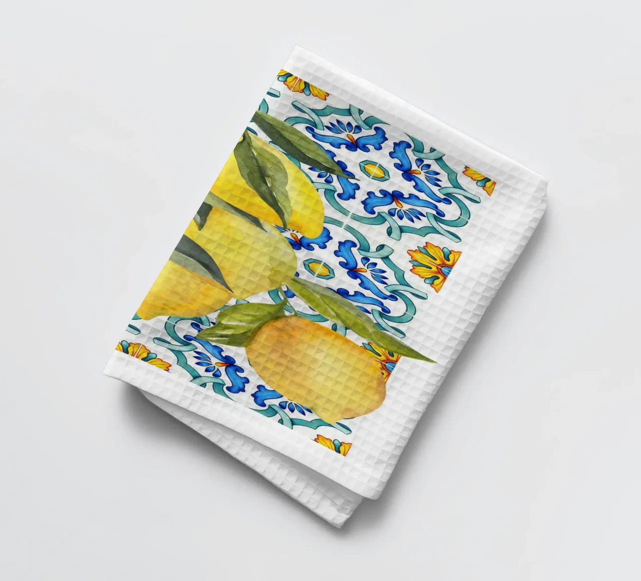 Stampa piastrelle blu limone canovaccio da cucina da Bella Studio