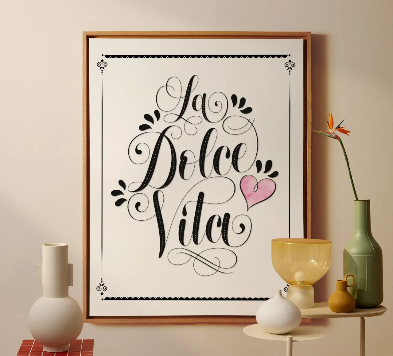 La Dolce Vita. Calligraphy. Lightness like in Italy canvas with Floater frame by CalliLetters
