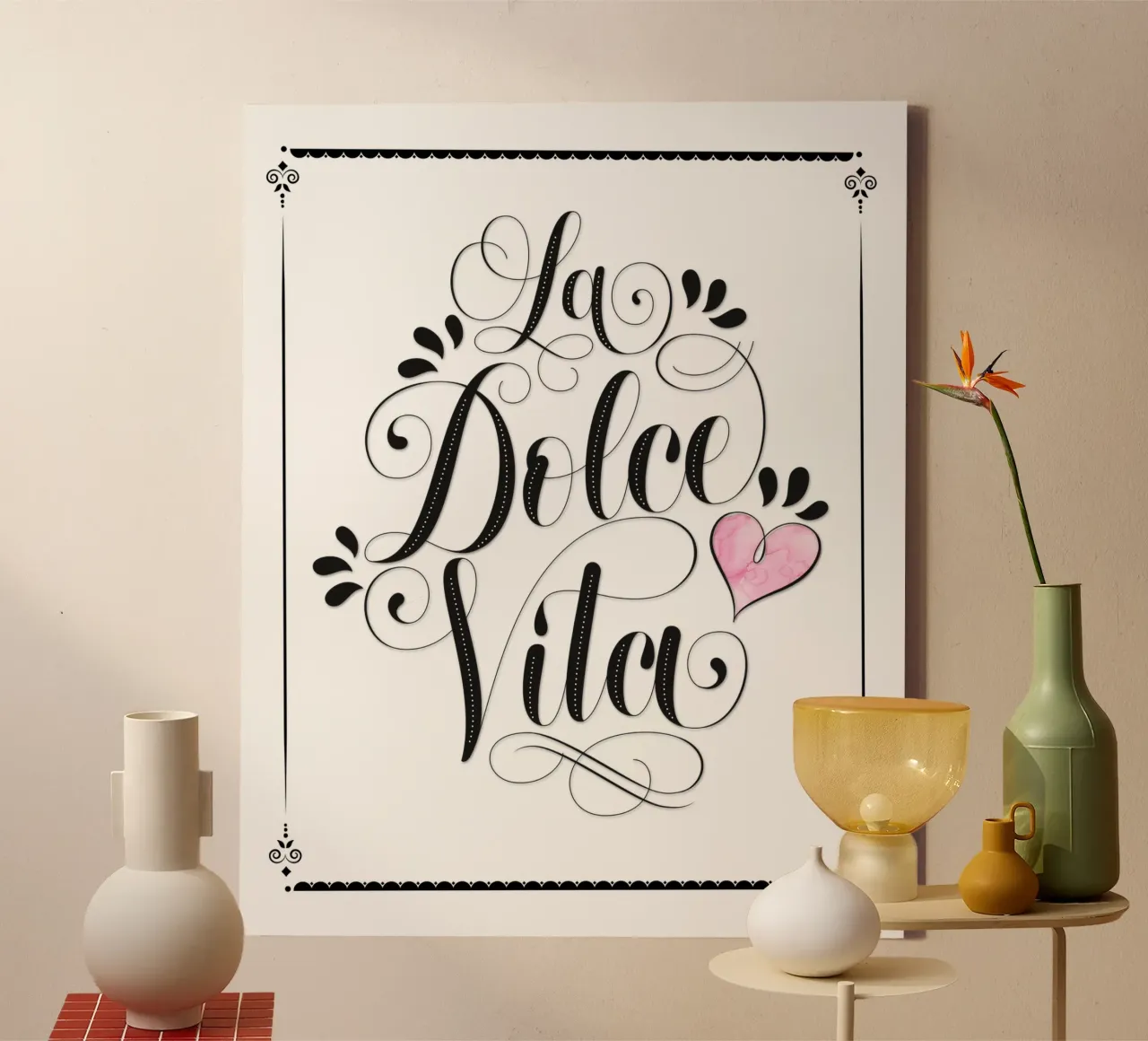La Dolce Vita. Calligraphy. Lightness like in Italy canvas with Floater frame by CalliLetters